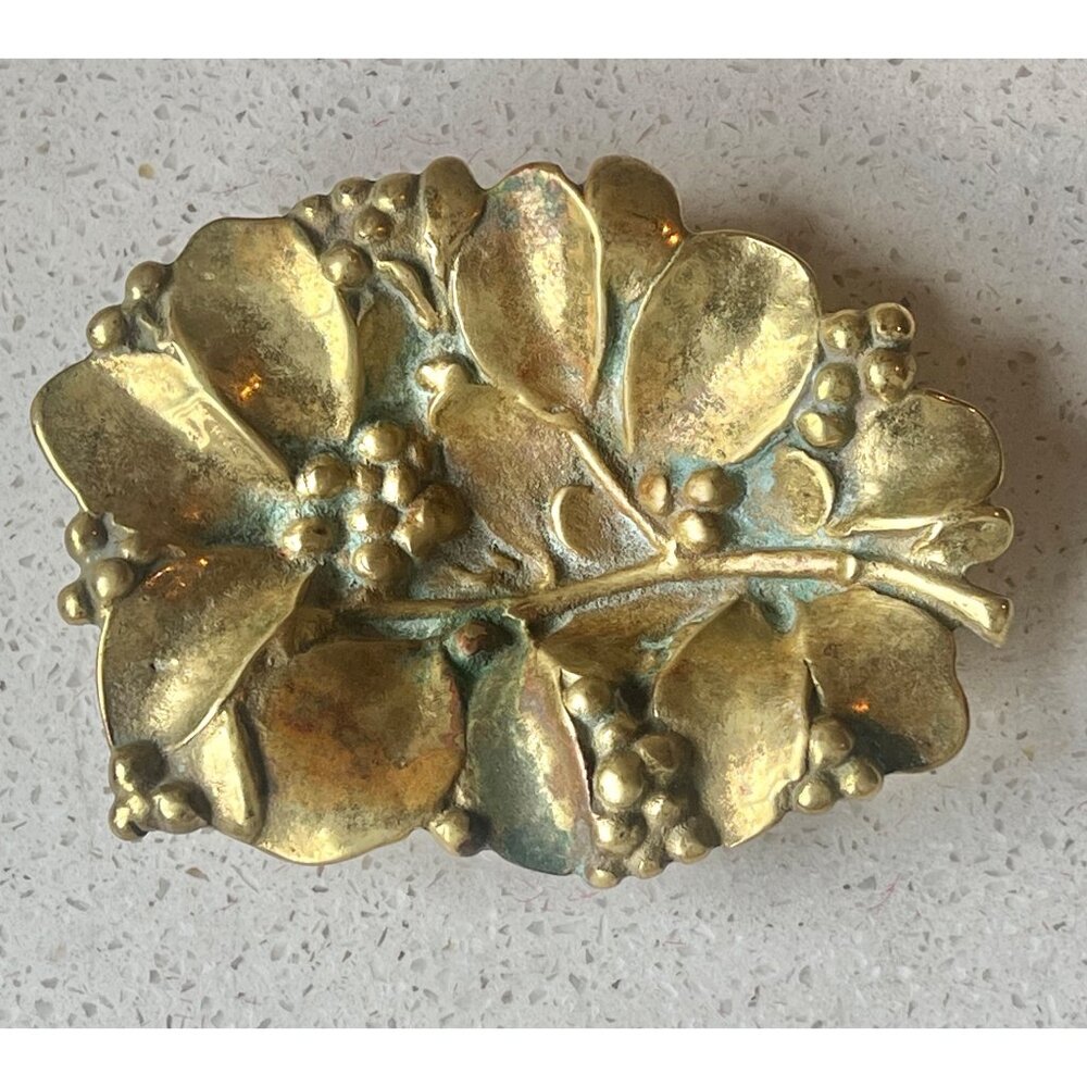 Virginia Metalcrafters 1956 Brass Mistletoe Trinket Dish 5" Three-Footed VTG